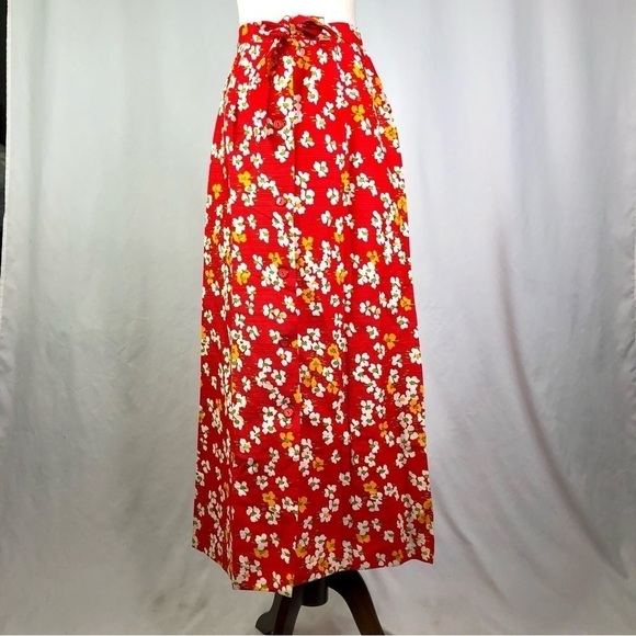 VINTAGE JCPenney barkcloth maxi skirt button front a-line bright red floral - Picture 1 of 5